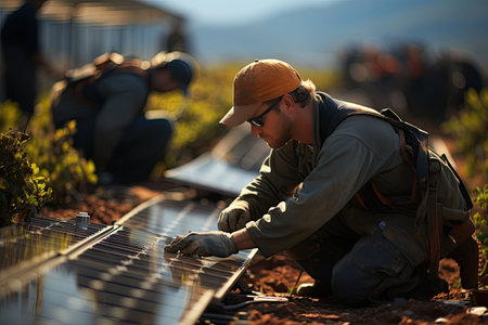 Workers are currently installing solar panels in a vast area, making it a large-scale solar installation project. Generated with AIの素材