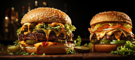 Classic Cheeseburger: A juicy beef patty topped with cheese, lettuce, tomato, and pickles, served on a soft bun.Generated with AIの素材