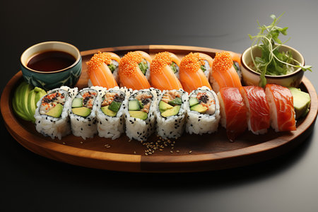 Sushi Platter: Assorted sushi rolls featuring fresh fish, avocado, cucumber, and rice, served with soy sauce and wasabi.の素材