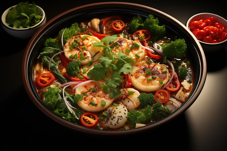Tom Yum Goong: Indulge in the tantalizing flavors of this spicy and sour shrimp soup, infused with aromatic herbs and spices.Generated with AIの素材