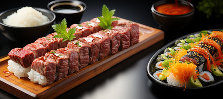 Kobe Beef Sushi: Experience the exquisite tenderness and marbling of Kobe beef, delicately wrapped in sushi rice and seaweed.Generated with AIの素材