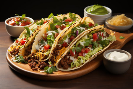Tacos: Soft or crispy tortillas filled with seasoned ground beef or grilled chicken, topped with lettuce, cheese, and salsa. Generated with AIの素材