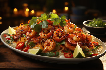 Pad Thai: Experience the iconic Thai stir-fried noodle dish, combining tamarind, peanuts, and fresh lime for a harmonious balance of flavors.Generated with AIの素材
