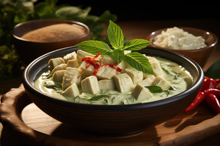Green Curry (Gaeng Keow Wan): Savor the creamy and fragrant green curry, made with coconut milk, green chilies, and tender chicken or vegetables.Generated with AIの素材