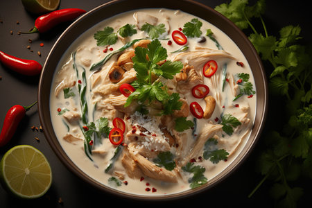 Tom Kha Gai: Delight in the creamy and spicy coconut soup with tender chicken and fragrant galangal.Generated with AIの素材
