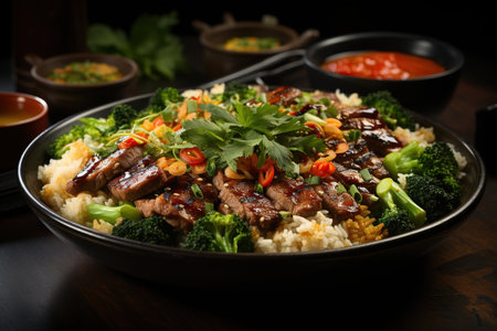 Khao Pad: Taste the comfort of Thai fried rice, stir-fried with eggs, vegetables, and choice of meat.Generated with AIの素材