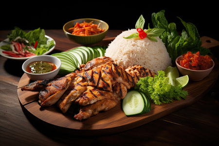 "Khao Niew" (sticky rice) pairs perfectly with zesty "Som Tum" (green papaya salad) and succulent grilled chicken.の素材