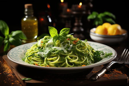 Zucchini Noodles with Pesto Sauce: A low-carb alternative to pasta, with zucchini noodles tossed in a homemade basil pesto. Generated with AIの素材