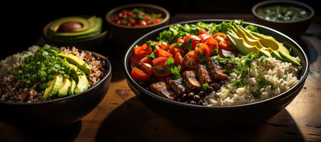 Brown Rice and Black Bean Burrito Bowl: A hearty bowl with brown rice, black beans, avocado, and salsa for a satisfying meal.Generated with AIの素材