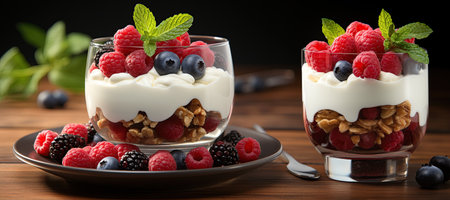 Greek Yogurt Parfait with Fresh Berries: Layers of Greek yogurt, granola, and fresh berries for a delightful and protein-rich treat.Generated with AIの素材