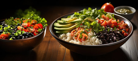 Brown Rice and Black Bean Burrito Bowl: A hearty bowl with brown rice, black beans, avocado, and salsa for a satisfying meal.Generated with AIの素材