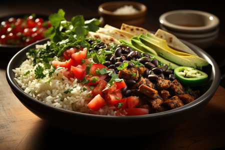 Brown Rice and Black Bean Burrito Bowl: A hearty bowl with brown rice, black beans, avocado, and salsa for a satisfying meal.Generated with AIの素材