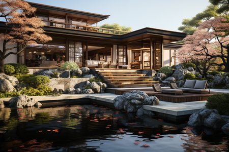 Design a modern Japanese-style home with clean lines, traditional materials like wood and tatami mats, and a serene Zen garden, creating a harmonious blend of contemporary living and traditional aesthetics.Generated with AIの素材