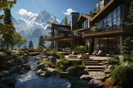 Design a mountain retreat resort and spa, nestled in the midst of breathtaking natural landscapes. Showcase cozy lodges, hot springs, and wellness amenities, offering a peaceful escape.Generated with AIの素材