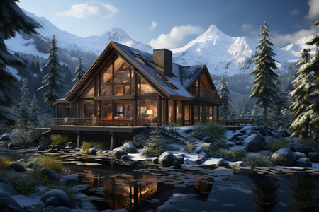Nordic mountain retreat, nestled amid fir trees. Showcase timber beams, a cozy loft, and a sauna. Emphasize the connection with nature, offering a perfect escape for relaxation.Generated with AIの素材