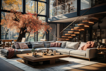 modern Japanese townhouse, making the most of a limited space with smart storage solutions, traditional sliding doors, and an emphasis on verticality to maximize living areas. Generated with AIの素材