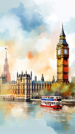 Britain England Landscape, water color, vector, illustration.の素材