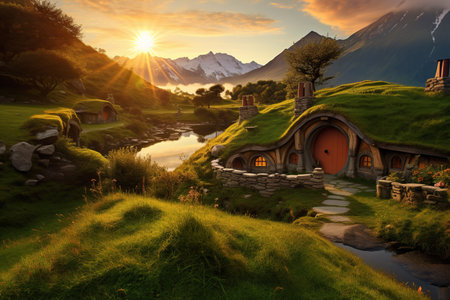 Inspiration from The Lord of the Rings.  Capture the tranquility of a majestic mountain range as the sun rises, Generated with AIの素材