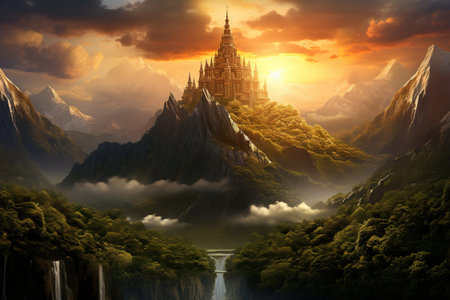 Inspiration from The Lord of the Rings.  Capture the tranquility of a majestic mountain range as the sun rises, Generated with AIの素材