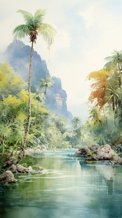 thailand Landscape, water color, illustrationの素材