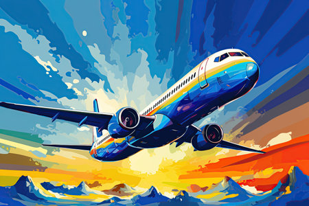 aircraft soaring through the sky. Show it in a majestic pose, wings outstretched against the backdrop of the blue sky and clouds. Generated with AIの素材