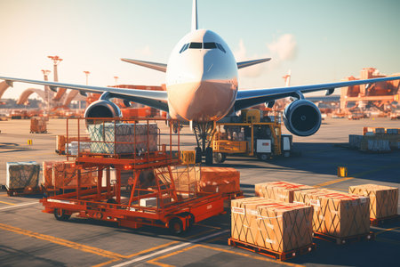 world of air cargo transportation. Depict a bustling airport tarmac with cargo planes of various sizes being loaded and unloaded.Generated with AIの素材