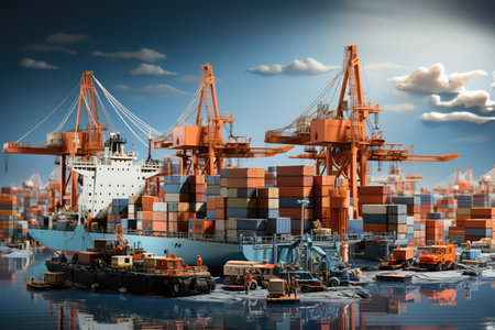 world of shipping transports. Depict a bustling port with cargo ships of various sizes and types, loading and unloading goods by cranes.Generated with AIの素材
