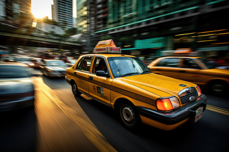 Taxi driver skillfully navigates bustling streets. Generated with AIの素材