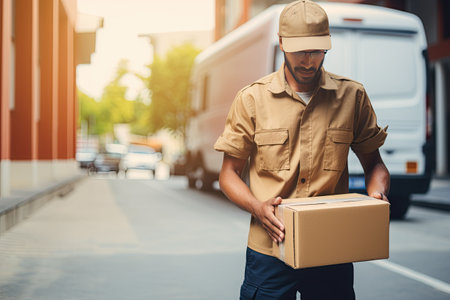 depicts a diligent parcel delivery worker. Show them with a uniform, carrying a stack of packages, Generated with AIの素材