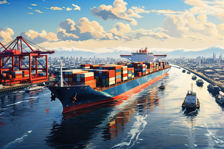 world of shipping transports. Depict a bustling port with cargo ships of various sizes and types, loading and unloading goods by cranes.Generated with AIの素材