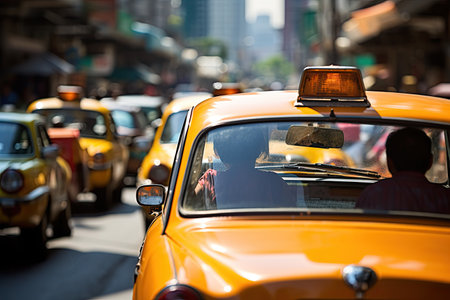 Taxi driver skillfully navigates bustling streets. Generated with AIの素材