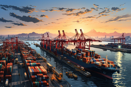 world of shipping transports. Depict a bustling port with cargo ships of various sizes and types, loading and unloading goods by cranes.Generated with AIの素材