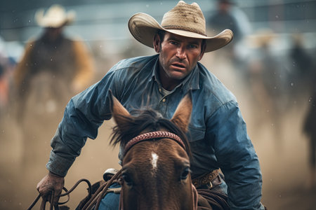rodeo cowboys in action, riding bucking broncos, roping cattle, and displaying their incredible skills. Generated with AIの素材