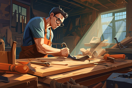 A skilled carpenter meticulously crafting a wooden masterpiece in their workshop, surrounded by tools, sawdust, and the aroma of freshly cut wood,Generated with AIの素材