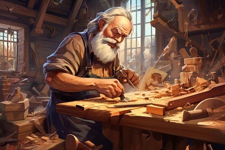 A skilled carpenter meticulously crafting a wooden masterpiece in their workshop, surrounded by tools, sawdust, and the aroma of freshly cut wood,Generated with AIの素材