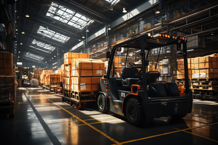 Dynamic logistics hub: Trucks loading, goods moving through warehouses, workers orchestrating, Generated with AIの素材
