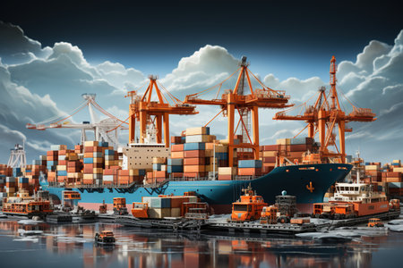 world of shipping transports. Depict a bustling port with cargo ships of various sizes and types, loading and unloading goods by cranes.Generated with AIの素材