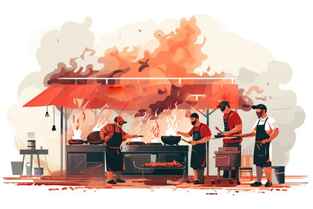 In a sizzling BBQ joint, skilled employees expertly grill succulent cuts of meat.Generated with AIの素材