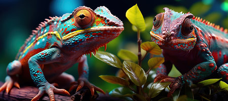 A beautifully colored chameleon perches on a vibrant leaf,  vivid hues in its natural rainforest ,Generated with AIhabitat.の素材