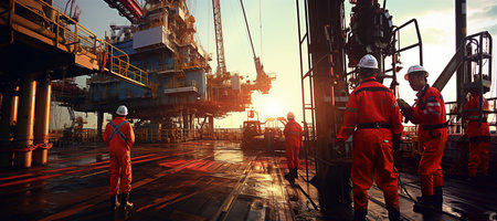 engineer stands on an oil drilling platform amidst the vast sea, working to extract vital resources.Generated with AIの素材