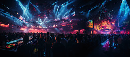 vibrant nightclub scene with a DJ performing on a stage. Colorful lights illuminate the dance floor,Generated with AIの素材
