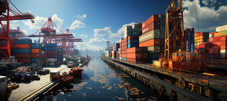 world of shipping transports. Depict a bustling port with cargo ships of various sizes and types, loading and unloading goods by cranes.Generated with AIの素材