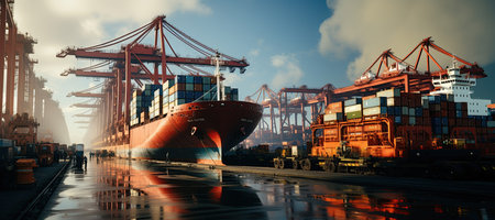 world of shipping transports. Depict a bustling port with cargo ships of various sizes and types, loading and unloading goods by cranes.Generated with AIの素材