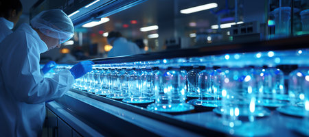 A state-of-the-art pharmaceutical manufacturing plant with scientists at work. Generated with AIの素材