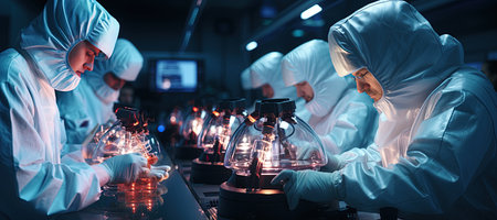 A state-of-the-art pharmaceutical manufacturing plant with scientists at work. Generated with AIの素材
