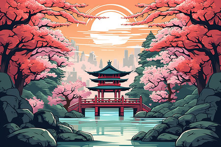 A tranquil Shinto shrine in Japan surrounded by cherry blossoms.Generated with AIの素材