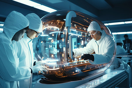 A state-of-the-art pharmaceutical manufacturing plant with scientists at work. Generated with AIの素材