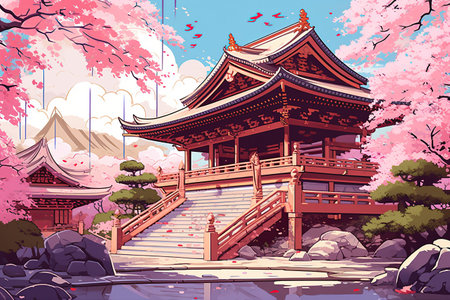 A tranquil Shinto shrine in Japan surrounded by cherry blossoms.Generated with AIの素材