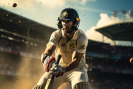 Cricket: Batsmen take powerful swings as they face bowlers on a lush cricket pitch.Generated with AIの素材