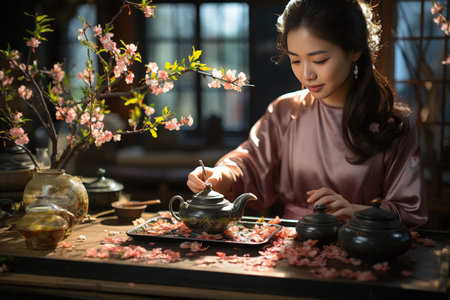 Tea Ceremony: Delicate tea sets and rituals celebrate Chinese tea culture. Generated with AIの素材